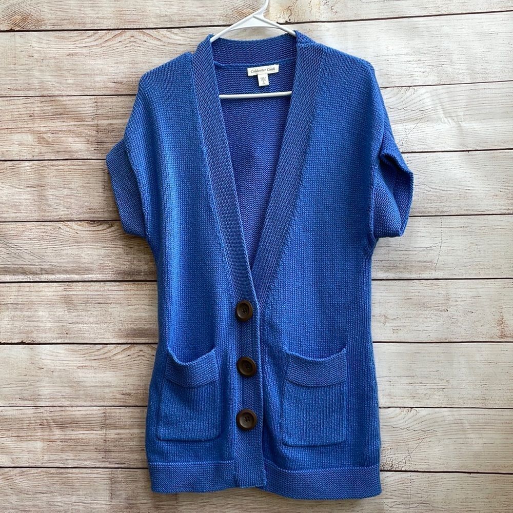 COLDWATER‎ CREEK SHORT SLEEVE CARDIGAN SWEATER IN CORNFLOWER BLUE